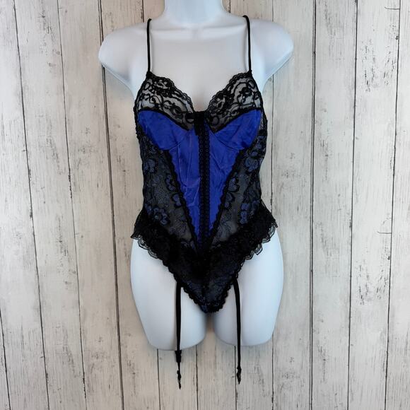 VTG Nan Flower Black Blue Lace Satin Sheer Sexy Teddy Bodysuit Garters USA Small - Picture 1 of 16